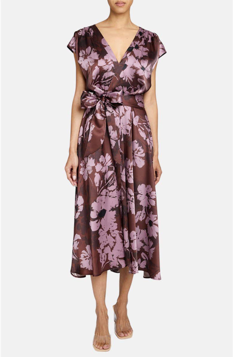 Santorelli Talia Faux-Wrap Cap Sleeve Midi Dress in Floral Twill Crepe, Main, color, Raisin