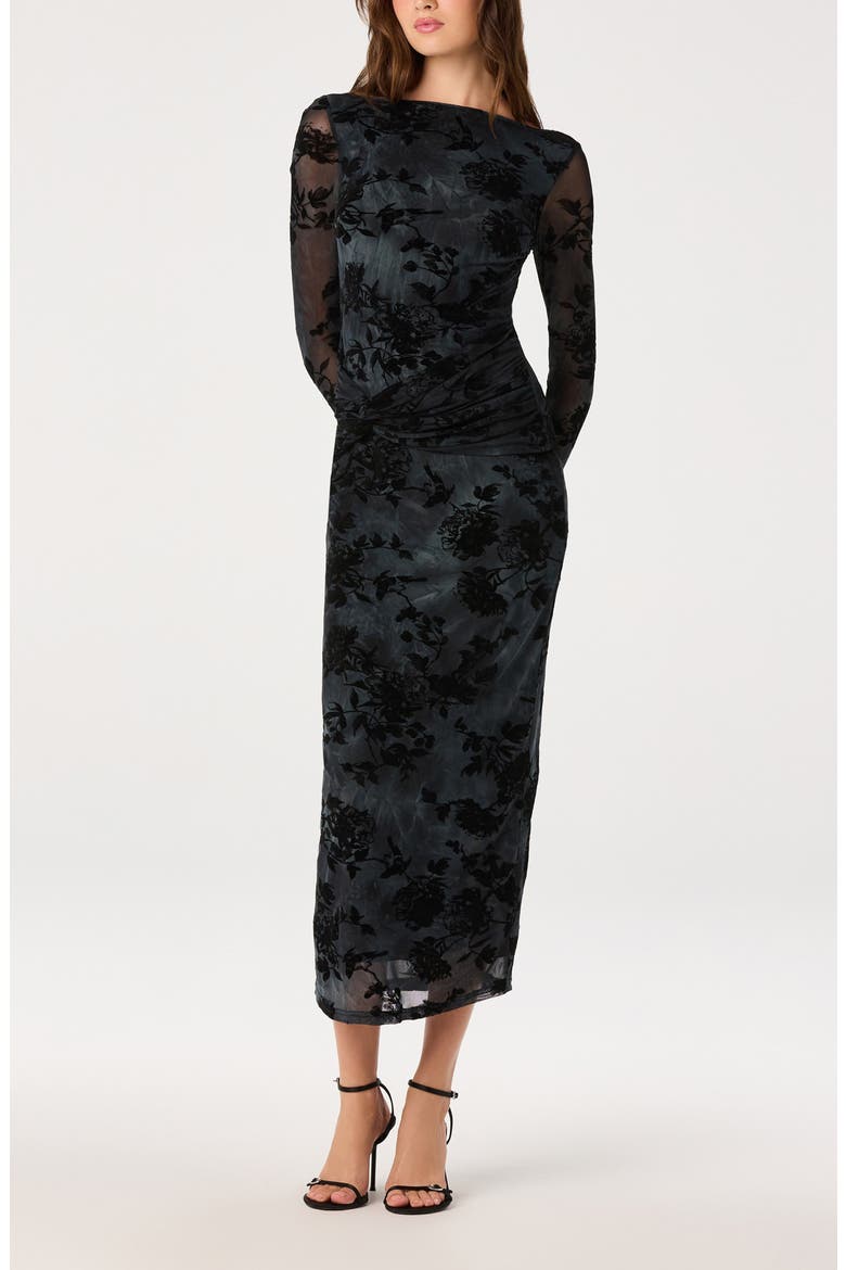 Syriah Floral Mesh Midi Dress, Alternate, color, BLACK BLUE FLORAL