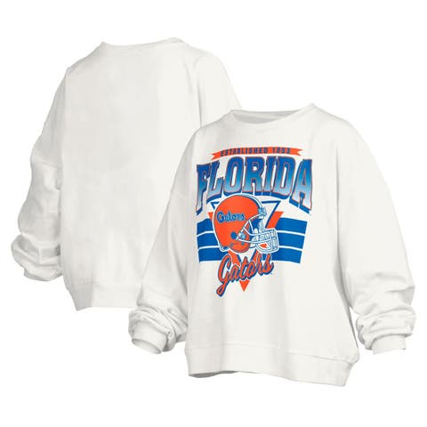 Women's Pressbox White Florida Gators Janice Retro Logo Oversized Pullover Sweatshirt