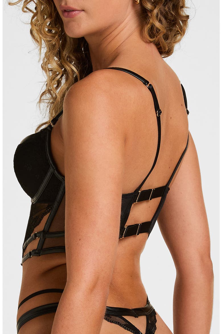 Ilenia Lace & Faux Leather Padded Bustier Bra, Alternate, color, CAVIAR