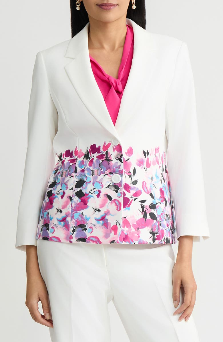 KASPER Floral Print Two-Button Jacket, Main, color, Lily White Multi