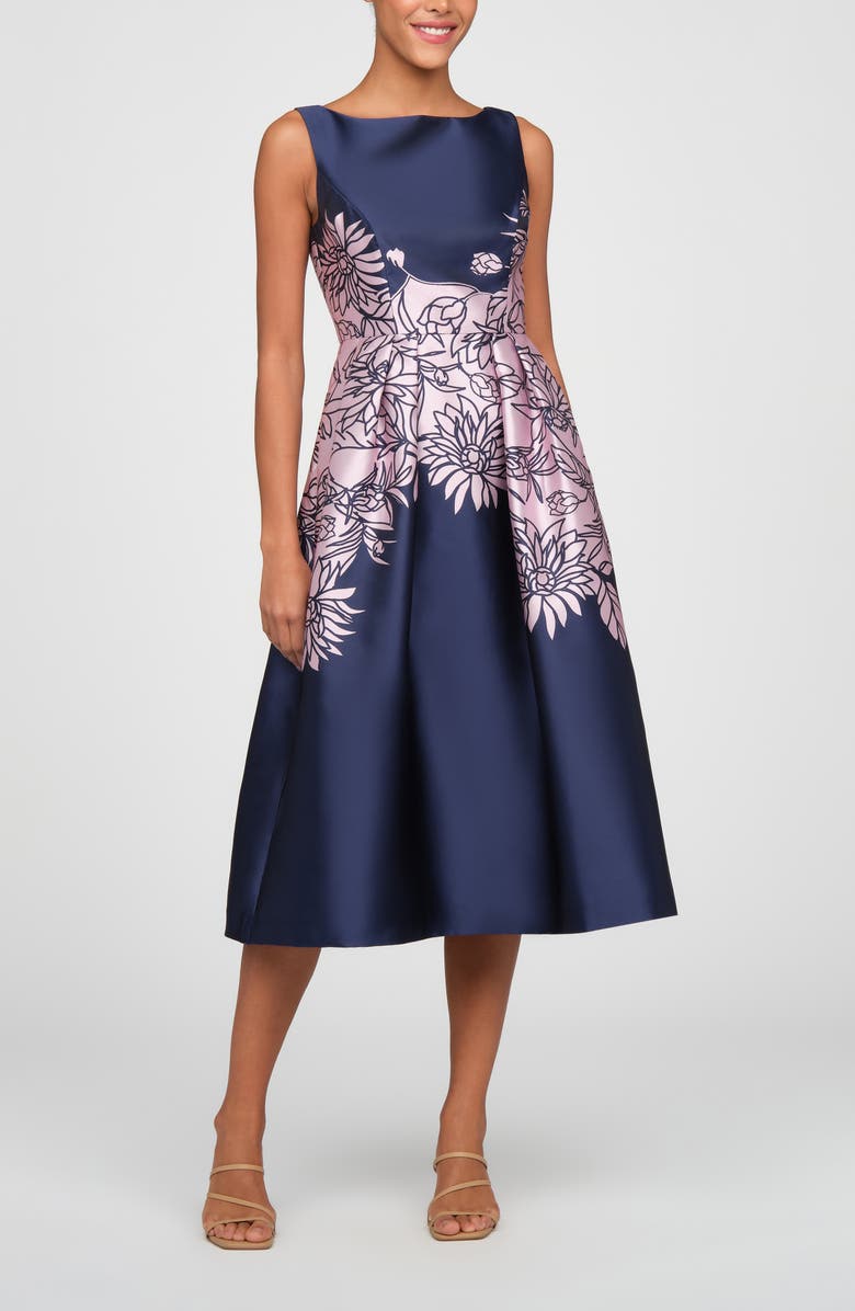 Kay Unger Evaline Placed Floral Cocktail Midi Dress, Main, color, Deep Navy