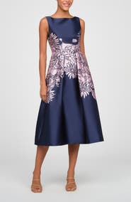 Kay Unger Evaline Placed Floral Cocktail Midi Dress