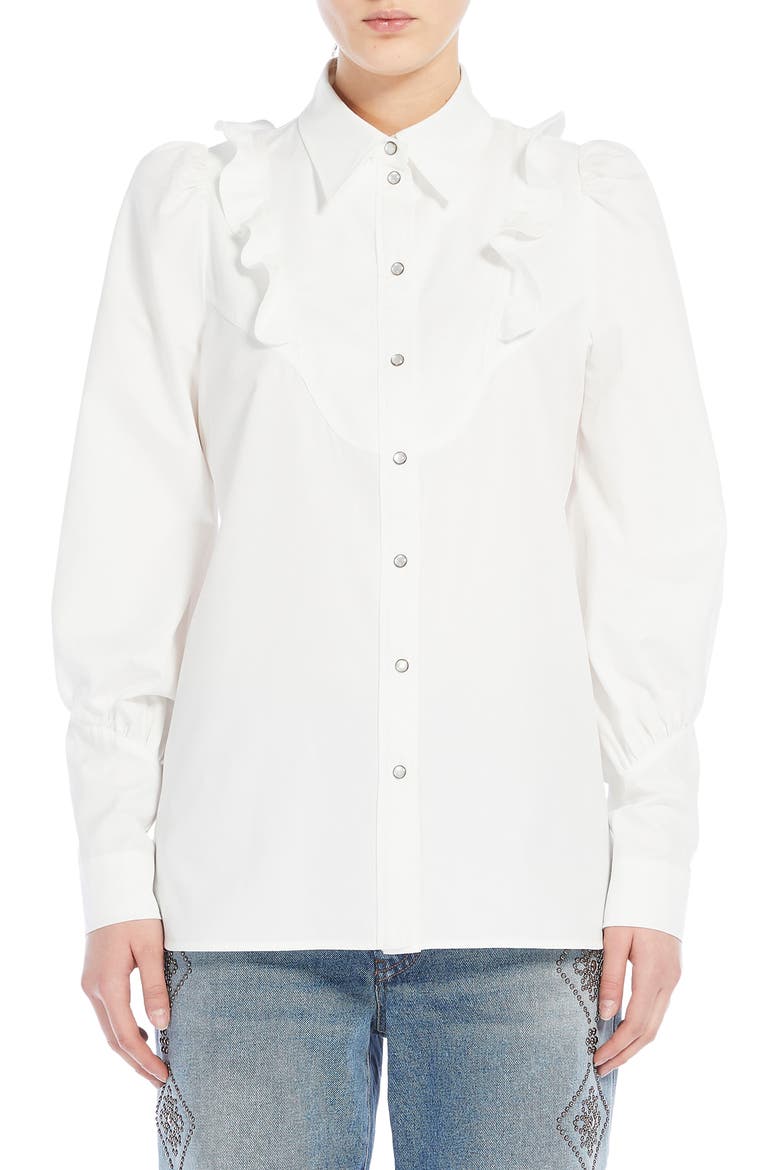 Pancia Ruffle Detail Cotton Button-Up Blouse, Main, color, WHITE