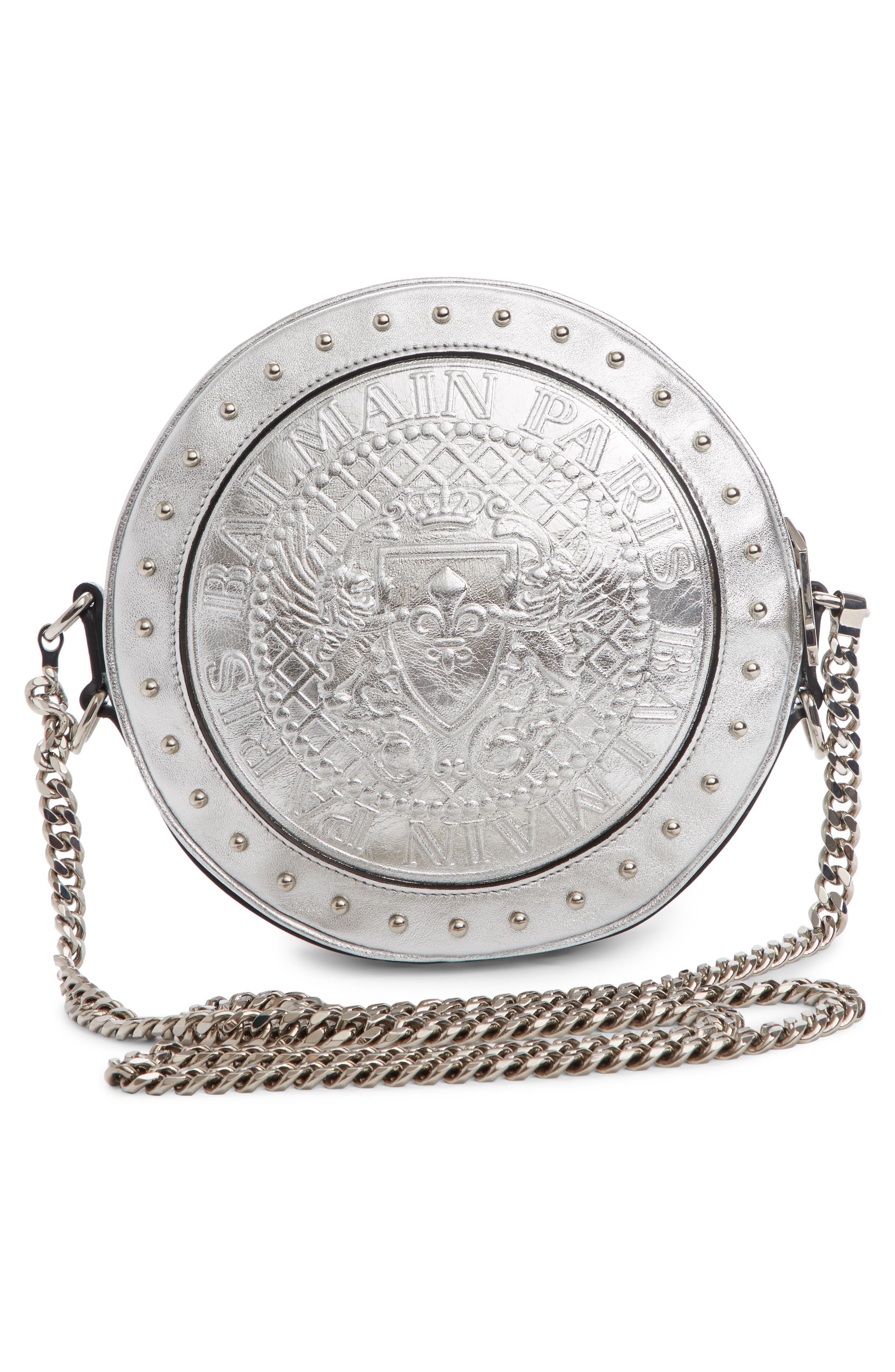Balmain Renaissance Metallic Leather Crossbody Bag, Main, color, 