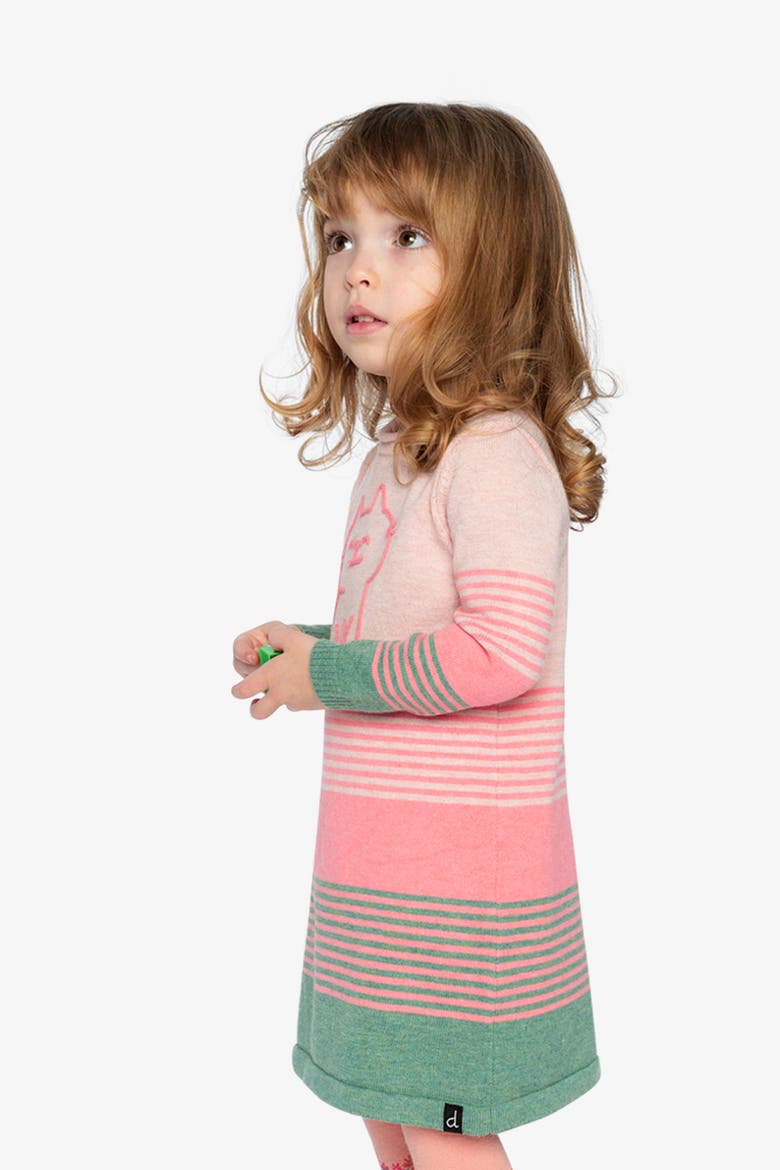 Knitted Stripe Cat Appliqué A-Line Dress, Alternate, color, Very Pale Pink and Green