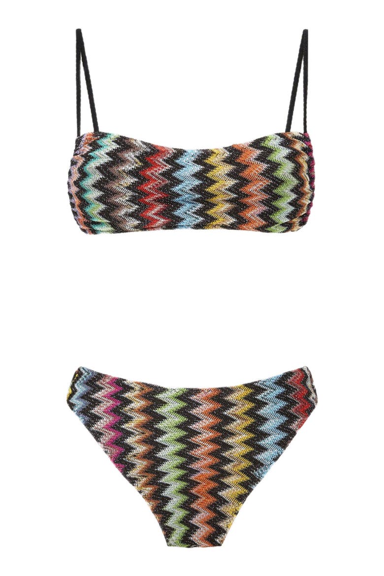 Bikini In Lamé Viscose With Micro Zigzag Pattern And High-waisted Bottoms, Alternate, color, Black & Multicoloured