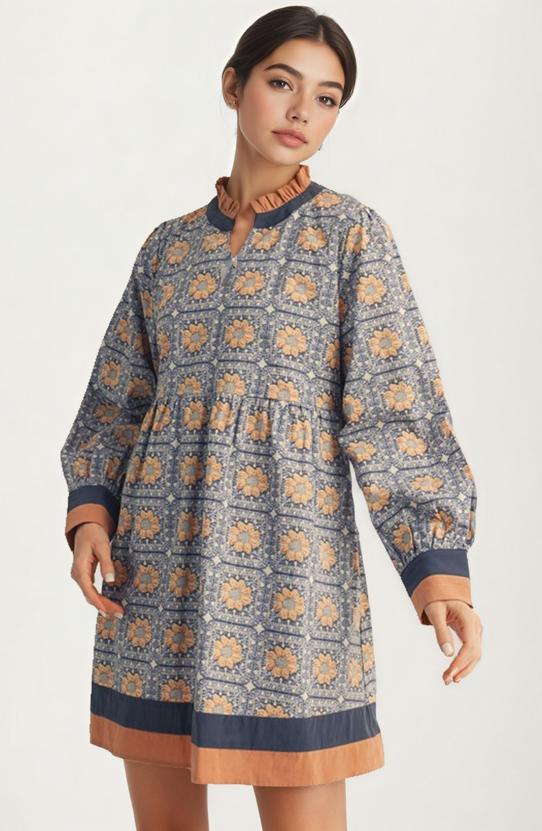 Knit and Lounge Geo Floral Print Long Sleeve Mini Dress with Contrast Trim, Main, color, 