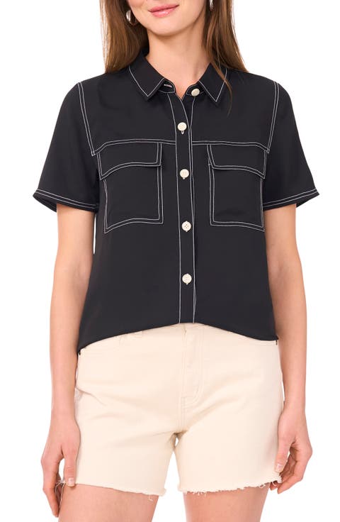 Topstitched Short Sleeve Button-Up Shirt