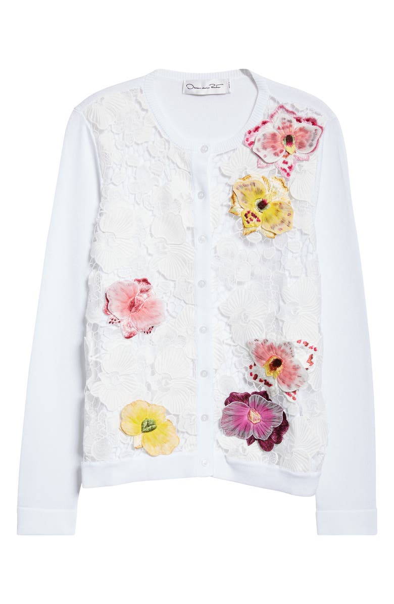 Oscar de la Renta Orchid Threadwork Cardigan, Alternate, color, White Multi