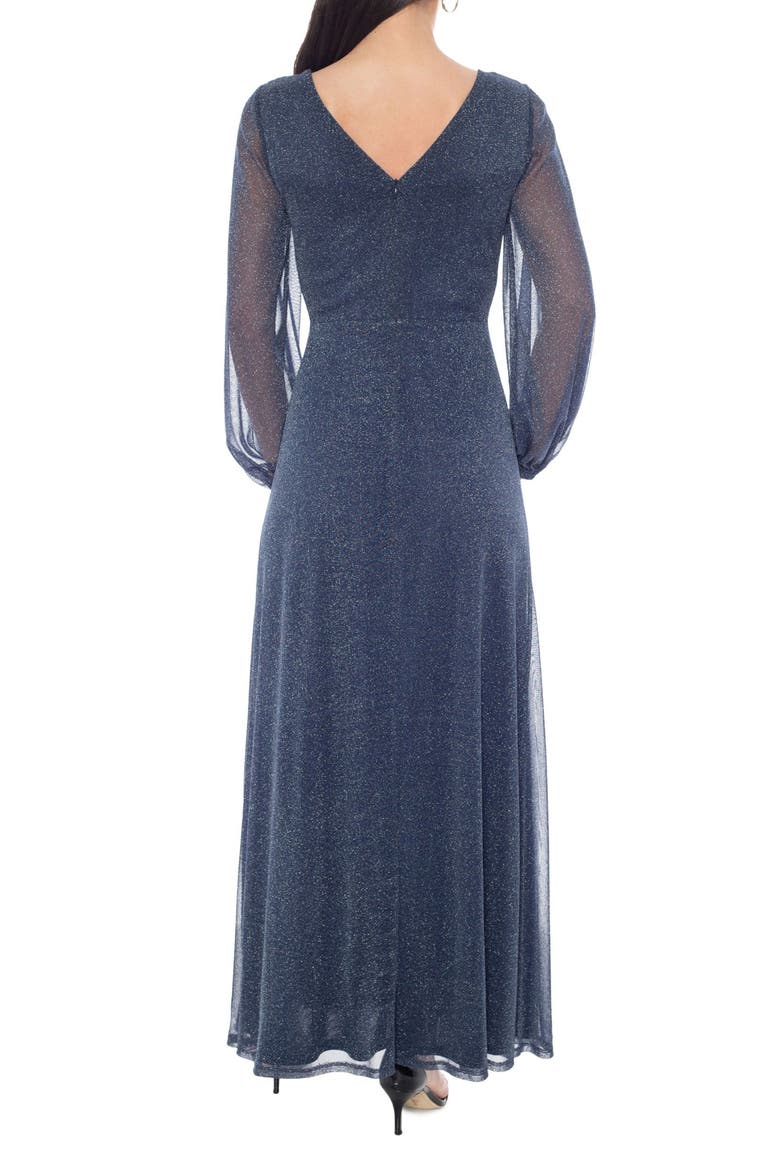 Knot Front Shimmer Long Sleeve Gown, Alternate, color, NAVY/ SILVER