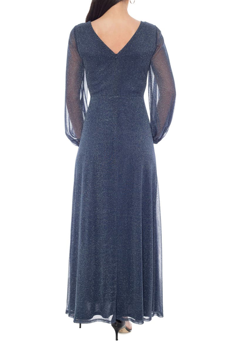 Marina Knot Front Shimmer Long Sleeve Gown, Alternate, color, Navy/ Silver