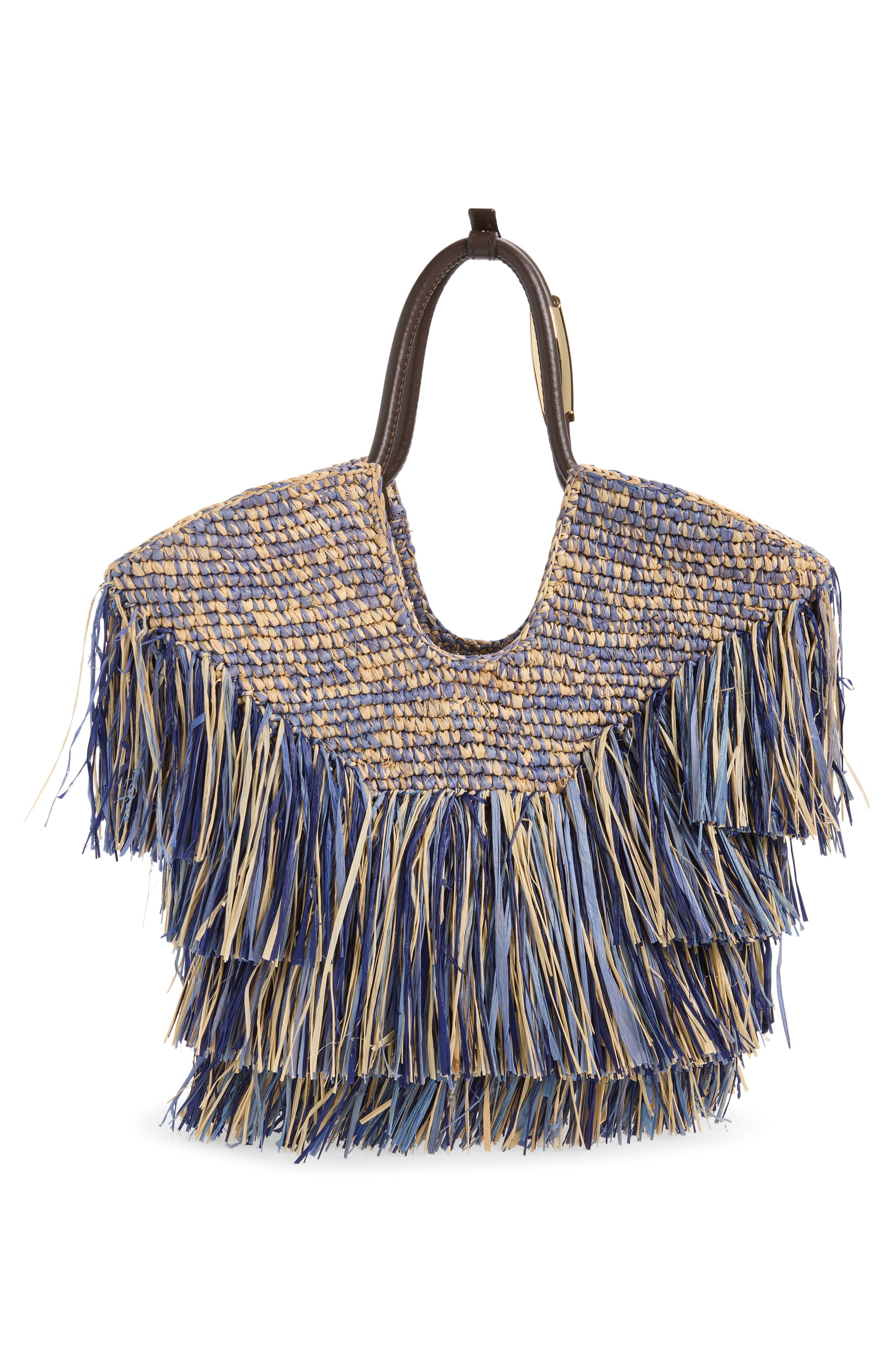 Small Goldentime Fringe Raffia Tote Bag, Alternate, color, DENIM BLUE