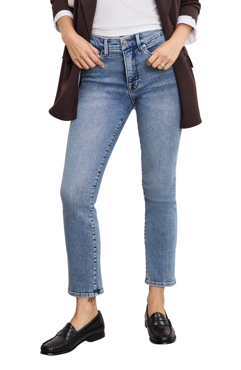 Good American Soft-Tech Good Legs Mid Rise Straight Leg Jeans, Main, color, Indigo988