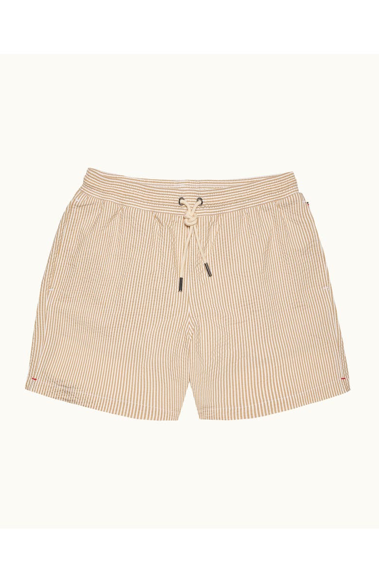 Orlebar Brown Boxer Seersuckeer Mid-Length Relaxed Fit Seersucker Stripe Drawcord Swim Shorts, Main, color, Walnut