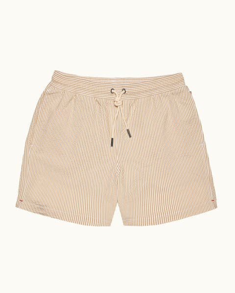 Boxer Seersuckeer Mid-Length Relaxed Fit Seersucker Stripe Drawcord Swim Shorts