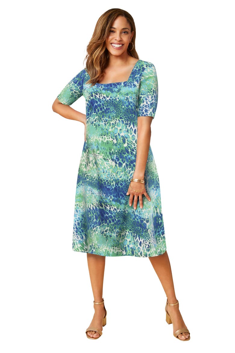 Stretch Cotton Square Neck Midi Dress, Main, color, OCEAN PRINT