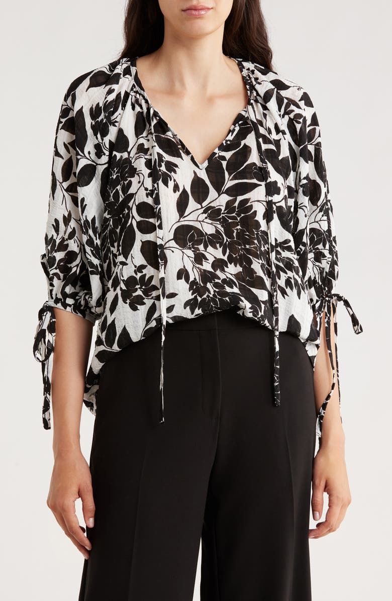 Renee C Floral Tie Sleeve Top, Main, color, Black/ White