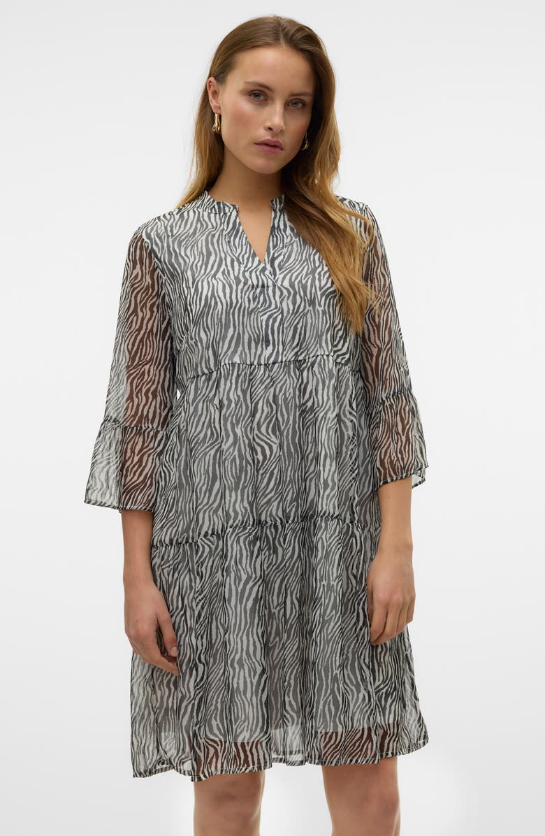 VERO MODA Smilla Three-Quarter Sleeve Drop Waist Dress, Alternate, color, Snow White All Over Print Zebr