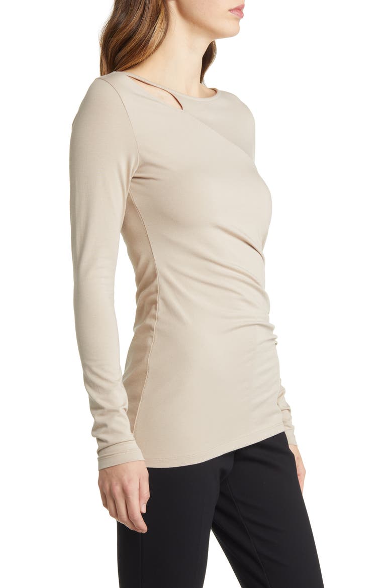 Side Pleat Long Sleeve Knit Top, Alternate, color, TAN COBBLESTONE