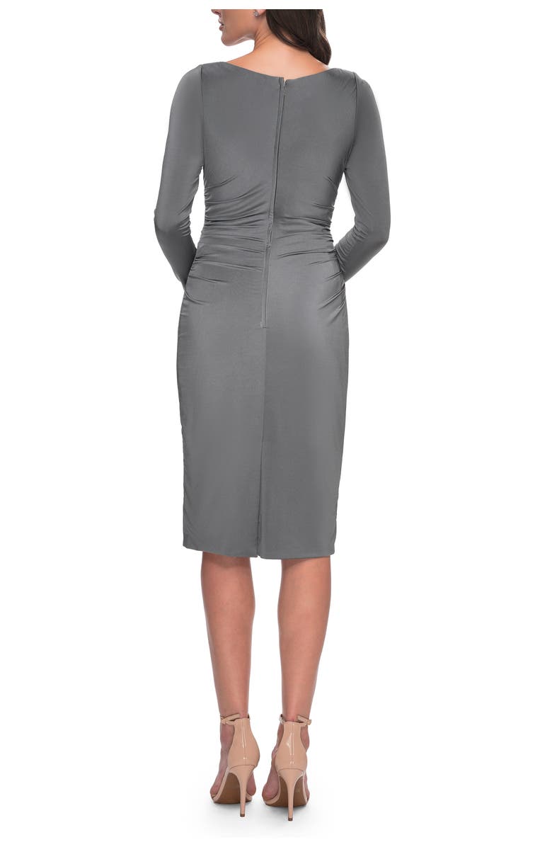 La Femme Short Simple Jersey Dress with Flattering Ruching, Alternate, color, Platinum