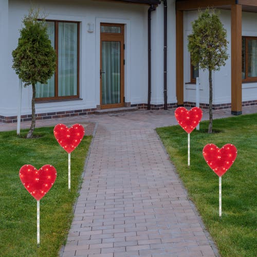 Northlight Heart Valentine's Day Pathway Marker Lawn Stakes Clear Lights Set, 4 Piece In Red