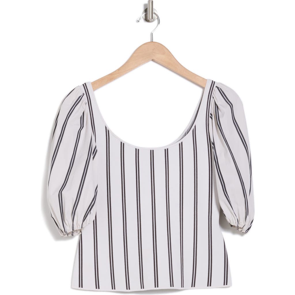 Theory Stripe Puff Sleeve Crop Top In White Multi