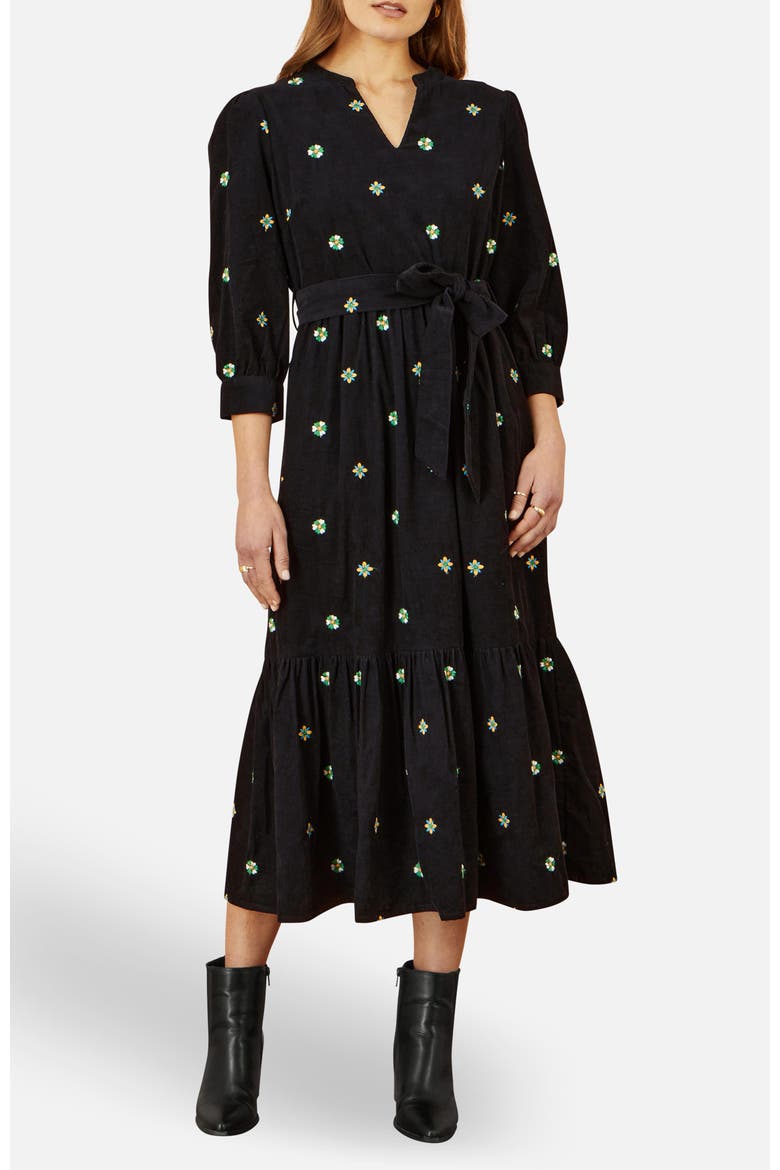 Flower Embroidery Midi Cord Dress, Alternate, color, Black