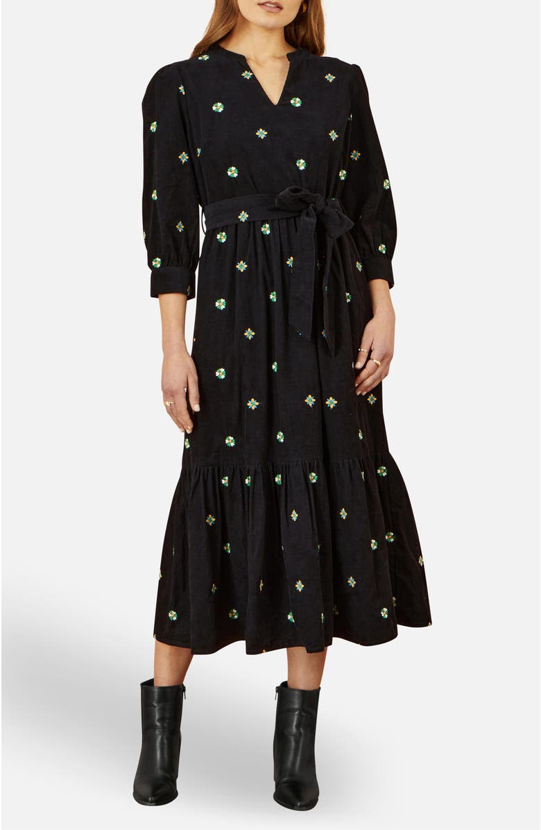 Yumi Flower Embroidery Midi Cord Dress, Alternate, color, Black