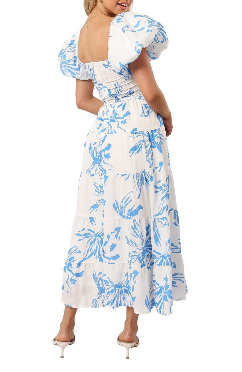 Petal & Pup Dominique Puff Sleeve Tiered Midi Dress, Alternate, color, Blue Floral Print