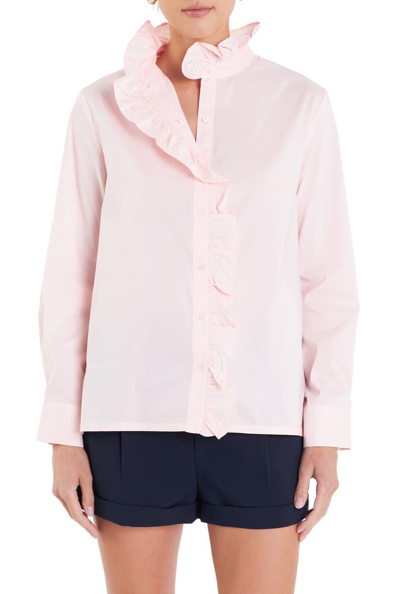 Ruffle Trim Button-Up Shirt, Alternate, color, BABY PINK