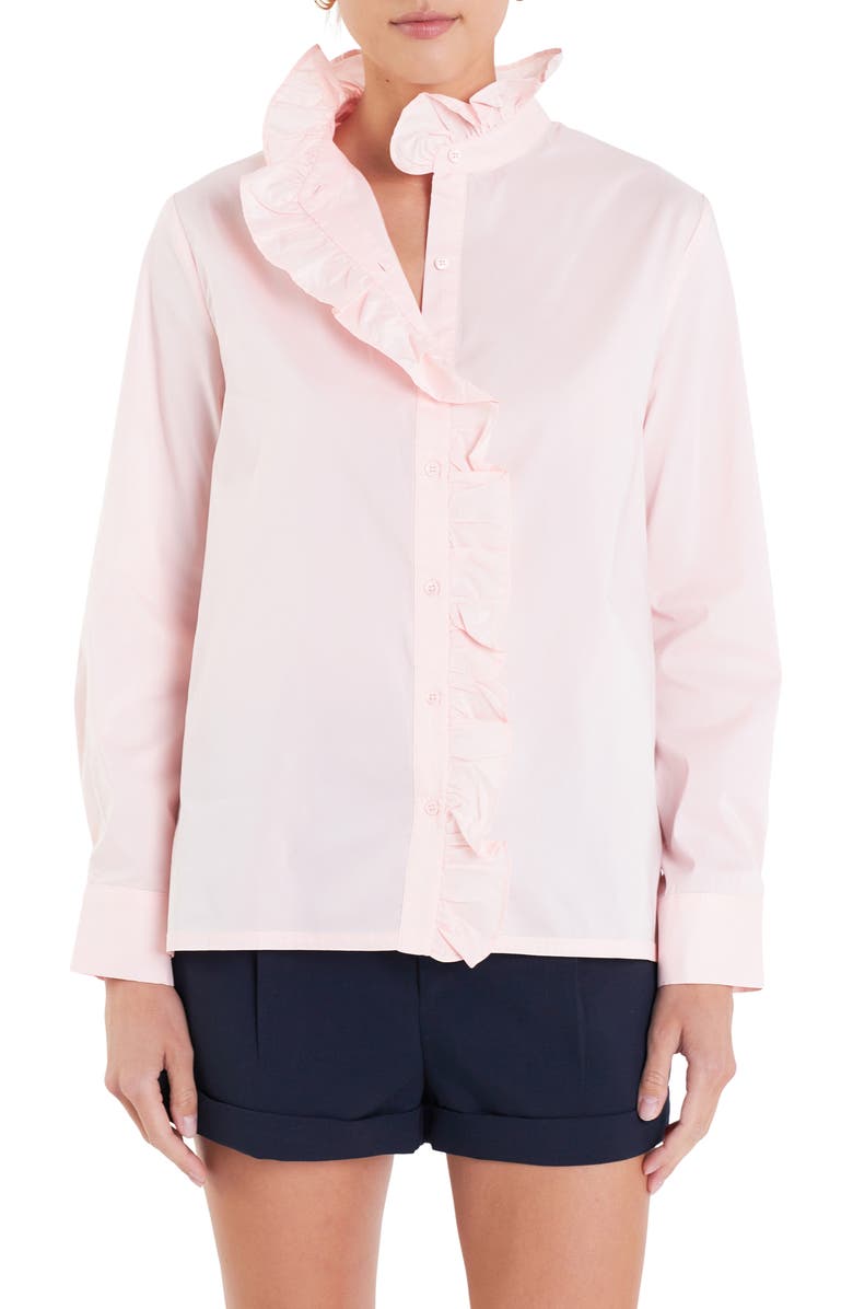 English Factory Ruffle Trim Button-Up Shirt, Alternate, color, 