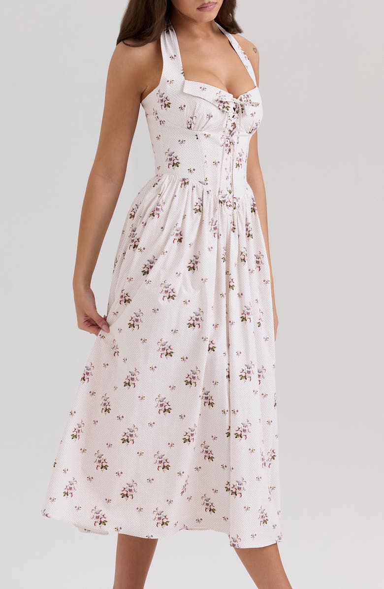 HOUSE OF CB Emiliana Floral Corset Halter Midi Dress, Alternate, color, Berry Spot Cream