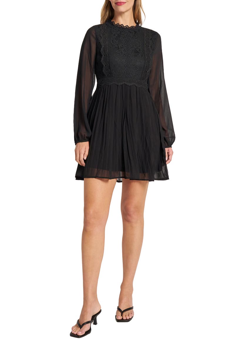 Lace Mock Neck Long Sleeve Chiffon Dress, Main, color, BLACK
