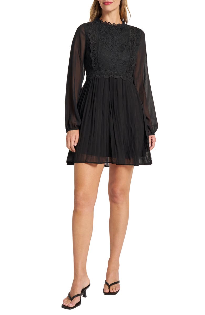 matty m. Lace Mock Neck Long Sleeve Chiffon Dress, Main, color, Black