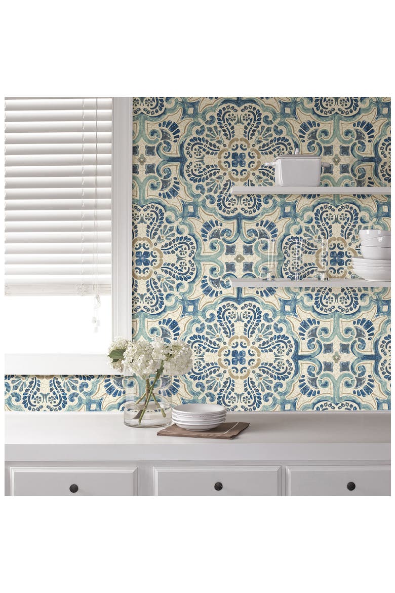 Blue Florentine Tile Peel & Stick Vinyl Wallpaper, Alternate, color, BLUE