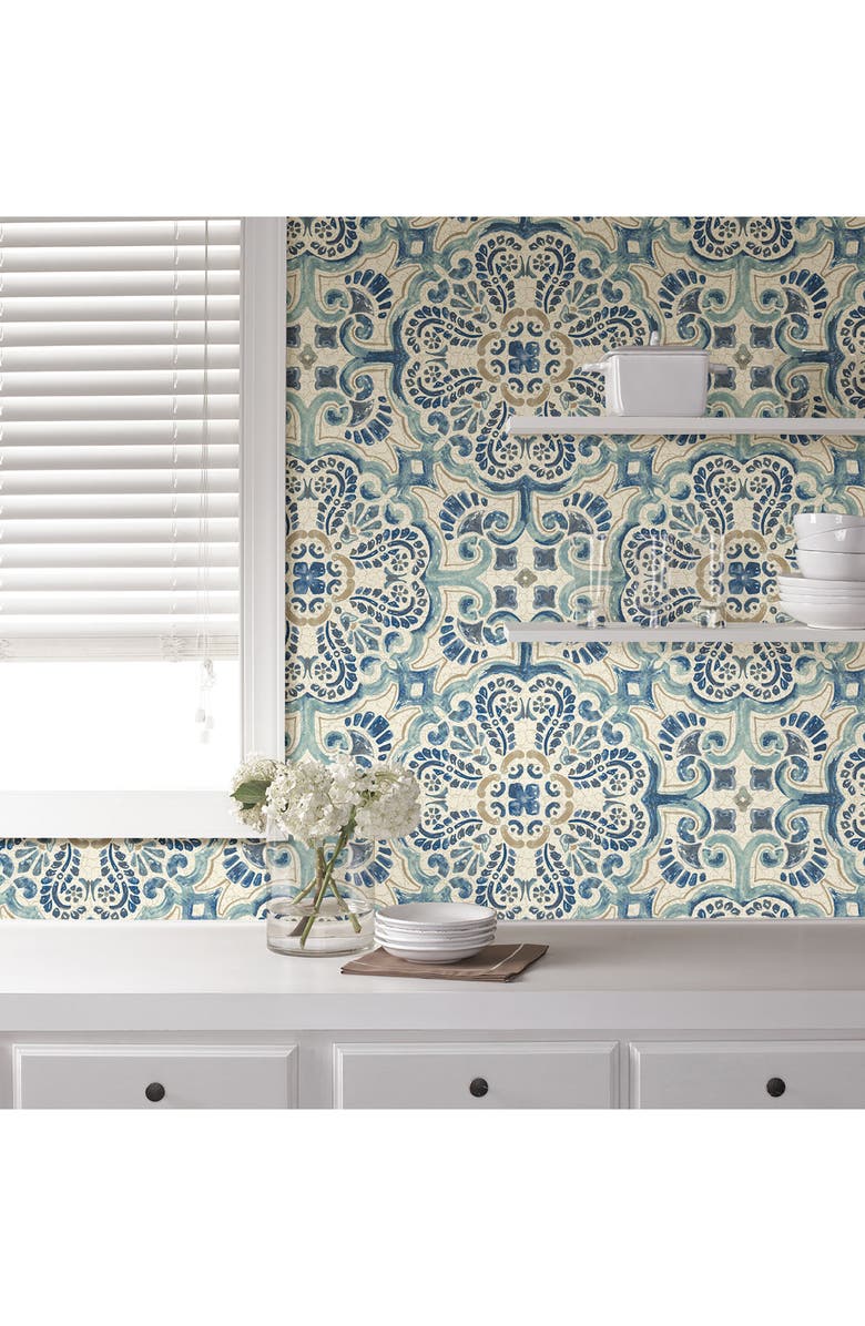 Wallpops Blue Florentine Tile Peel & Stick Vinyl Wallpaper, Alternate, color, Blue