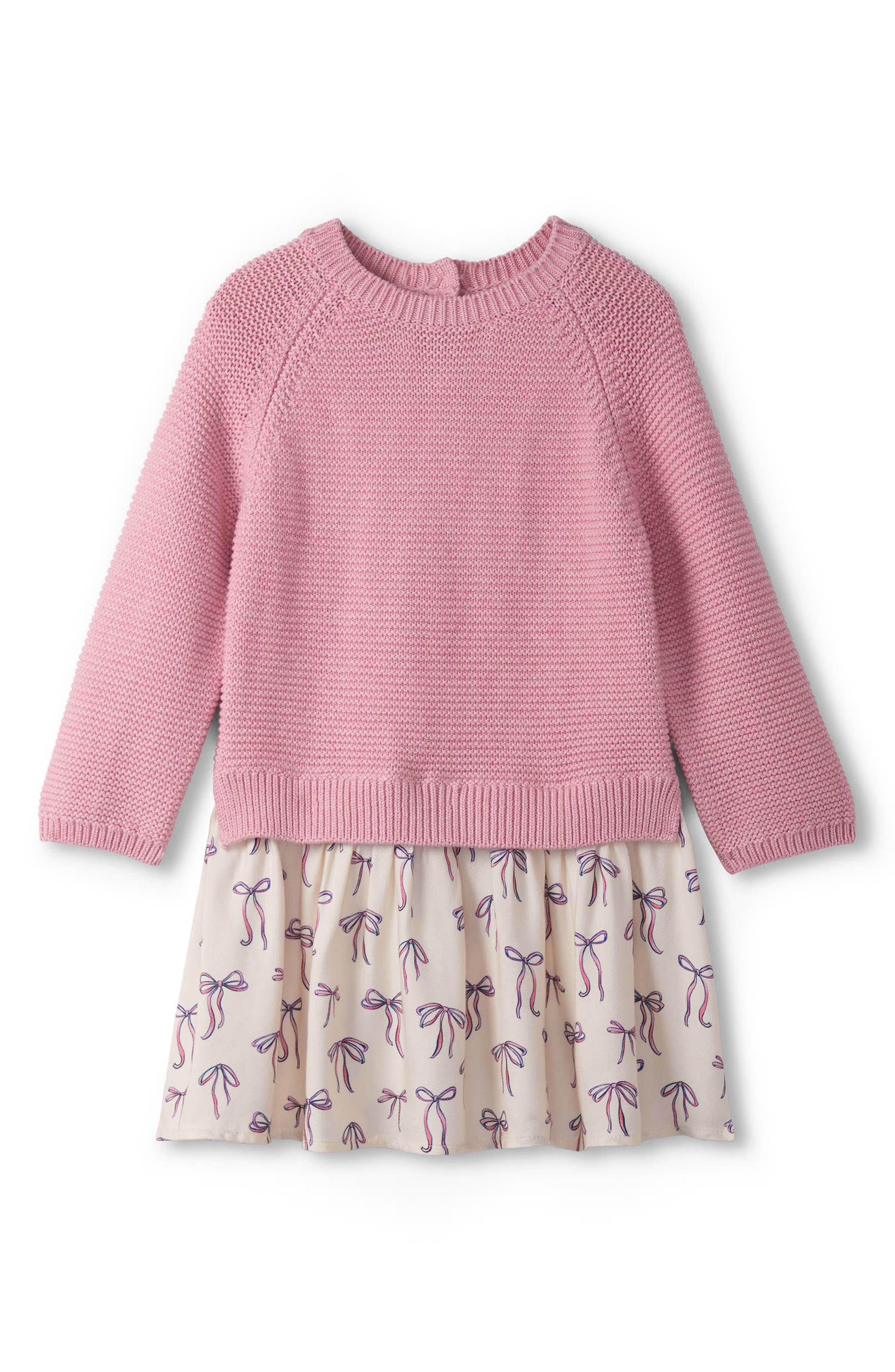 Hatley Painterly Bows Mixed Media Sweater Dress in Pink 