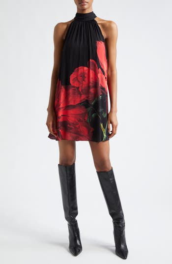 Alice And Olivia Corine Halter Neck Mini Dress In Peony Petals Bright Ruby