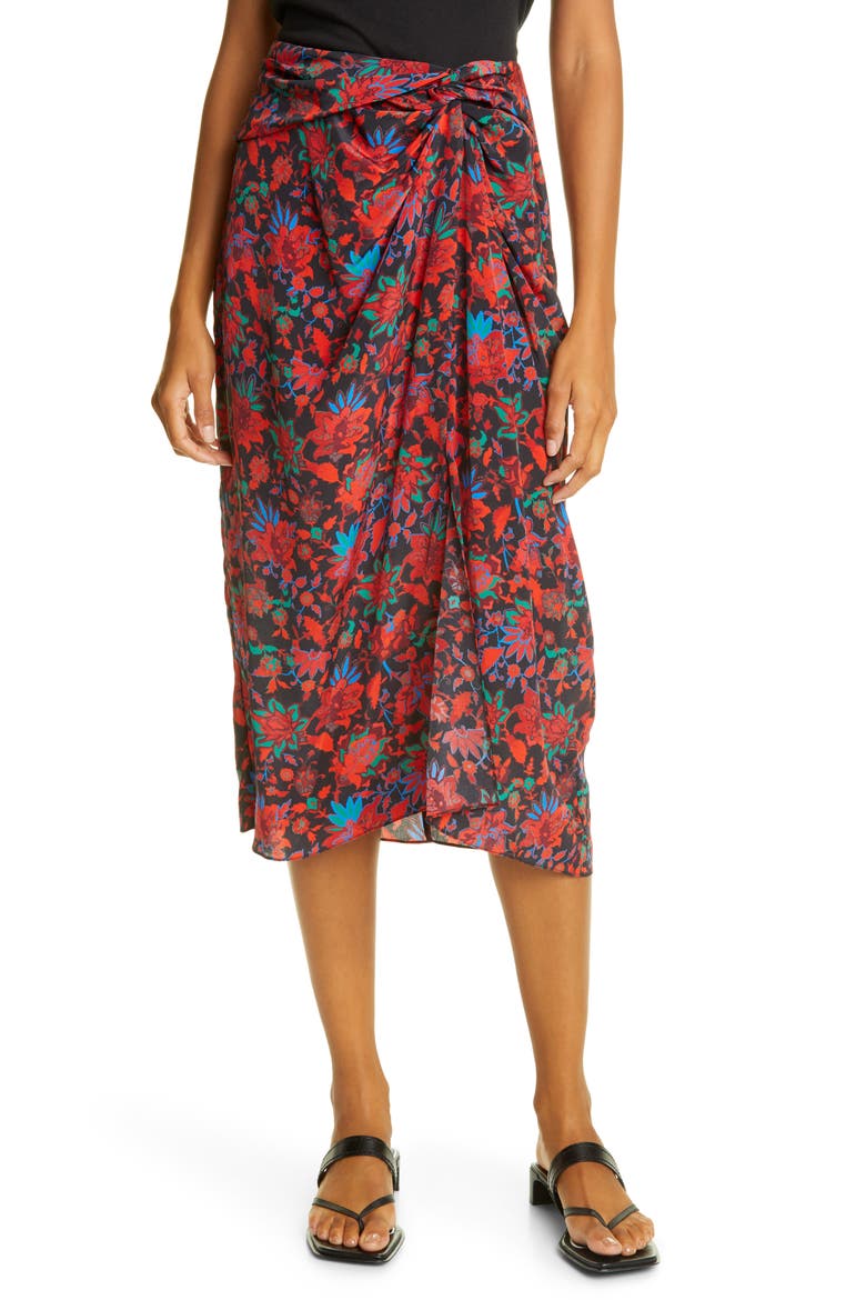 Amber Silk Midi Skirt, Main, color, REDMULT
