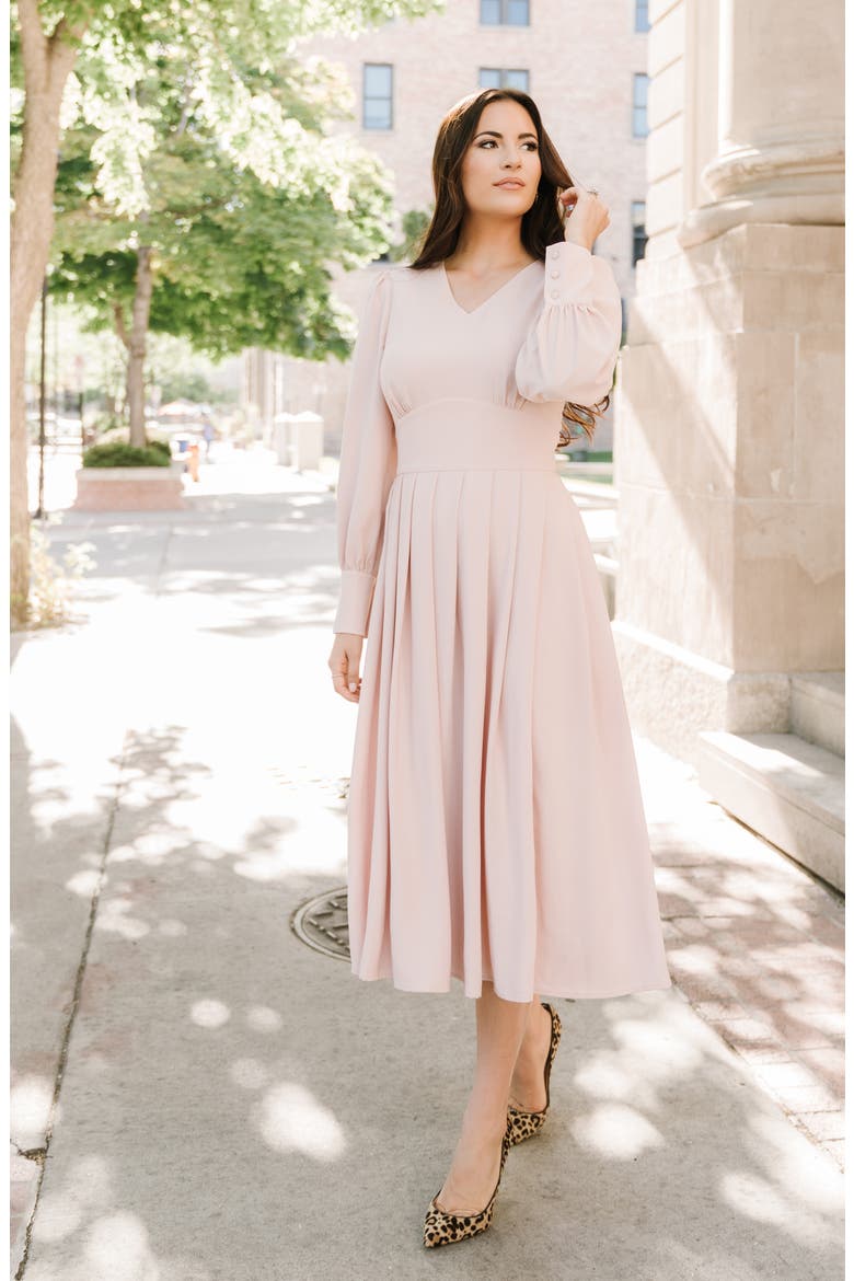 Long Sleeve Satin Midi Dress, Main, color, PINK SMOKE