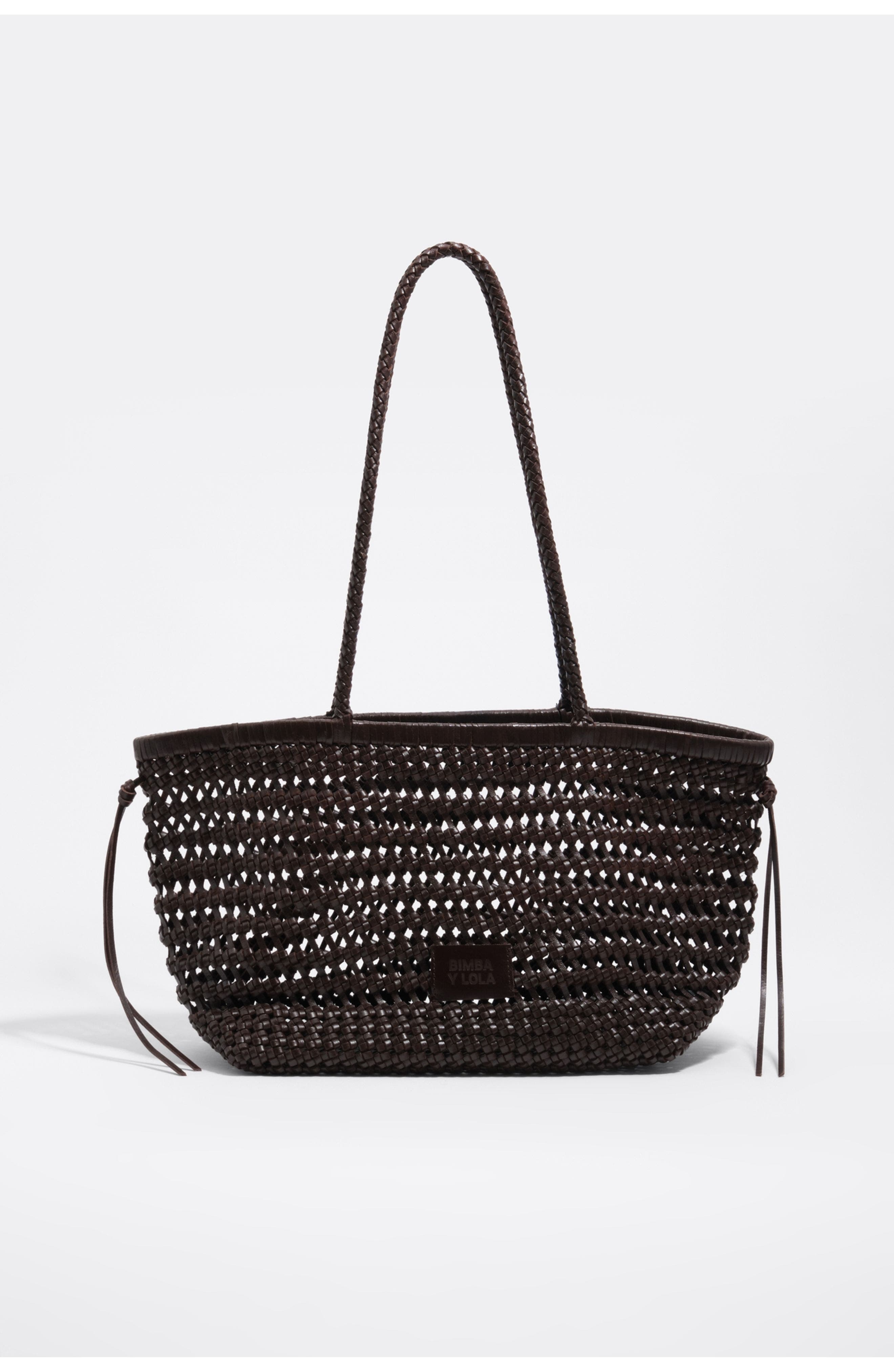 Bimba y Lola Plaited Leather Shopper Bag, Main, color, Dark Brown