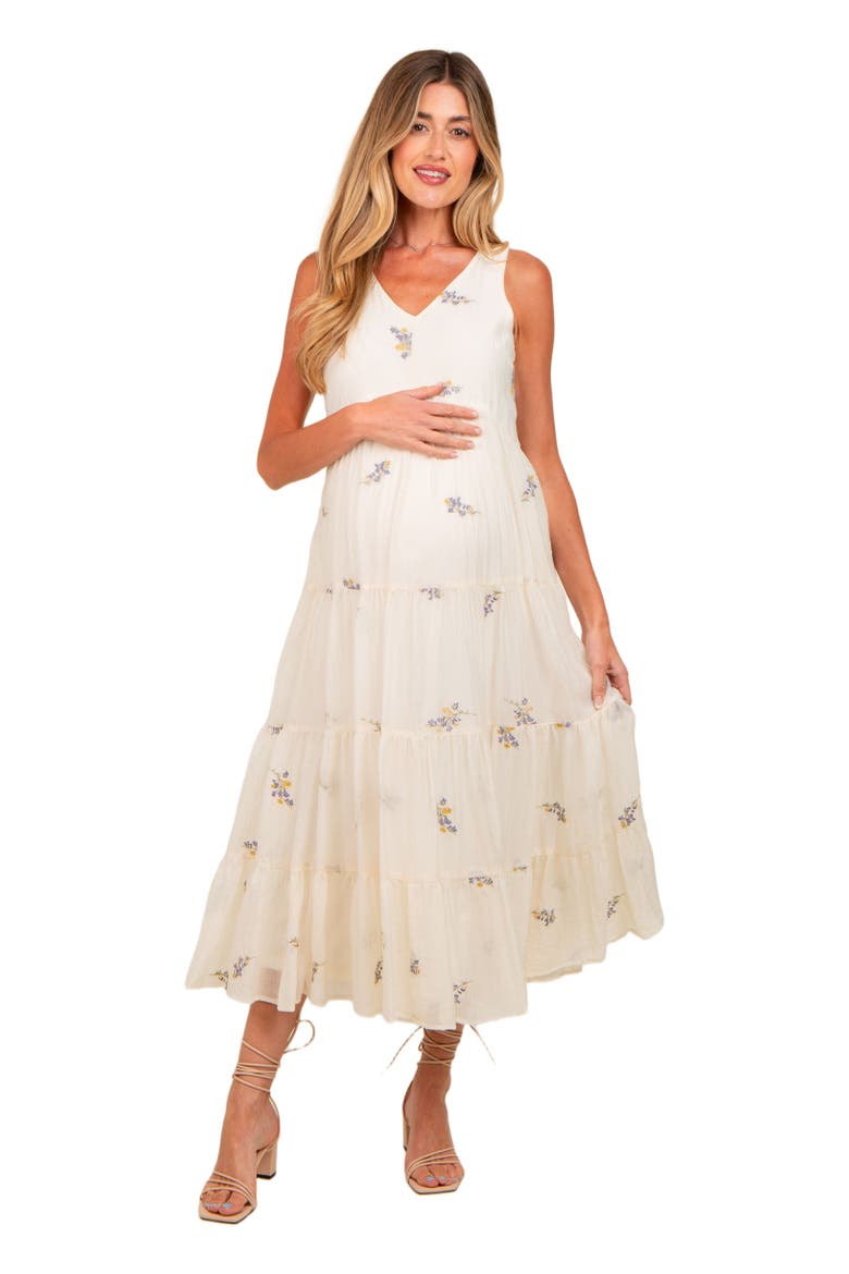 Ditsy Floral Embroidered V Neck Tiered Dress, Alternate, color, Lavender