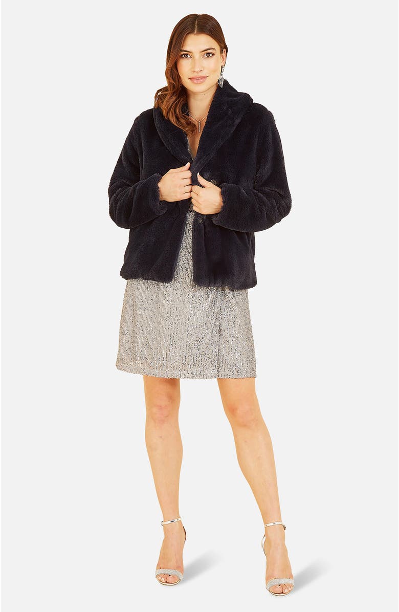 Yumi Short Wrap Faux Fur Coat, Alternate, color, Black