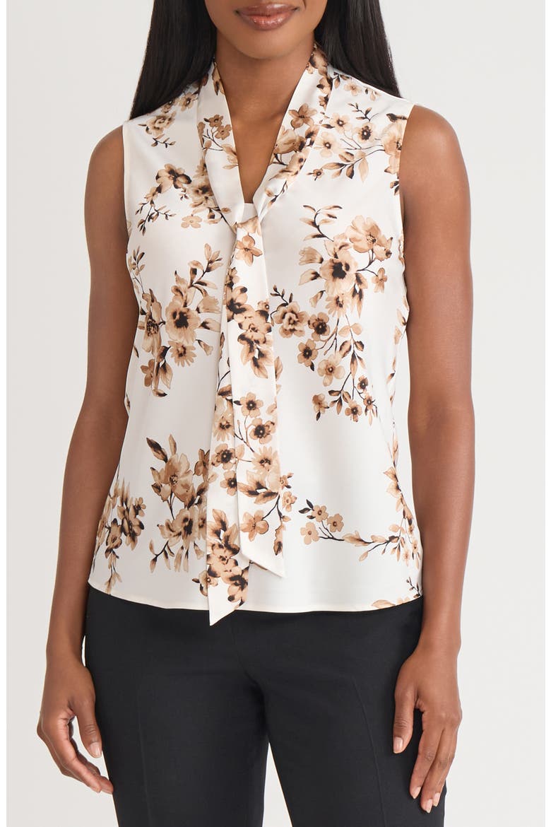Floral Tie Neck Sleeveless Top, Main, color, VANILLA ICE MULTI