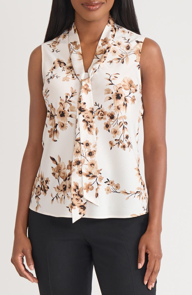 KASPER Floral Tie Neck Sleeveless Top, Main, color, Vanilla Ice Multi