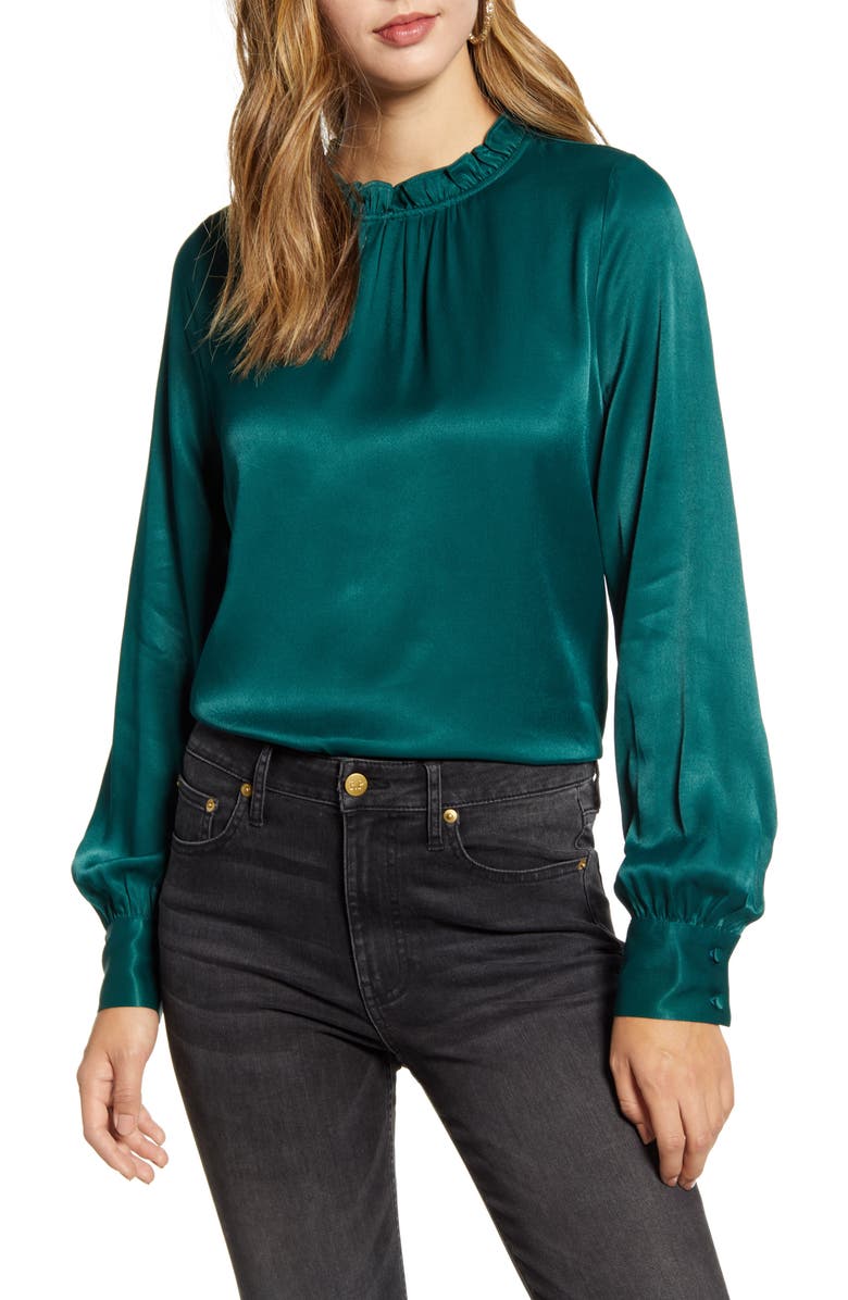 Rachel Parcell Ruffle Neck Satin Blouse, Main, color, 