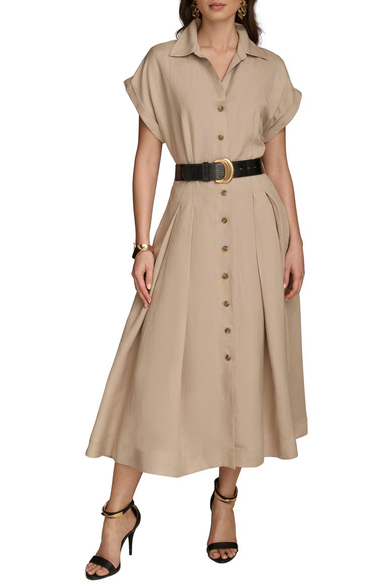 Linen Blend Belted Midi Shirtdress, Main, color, FAWN LINEN