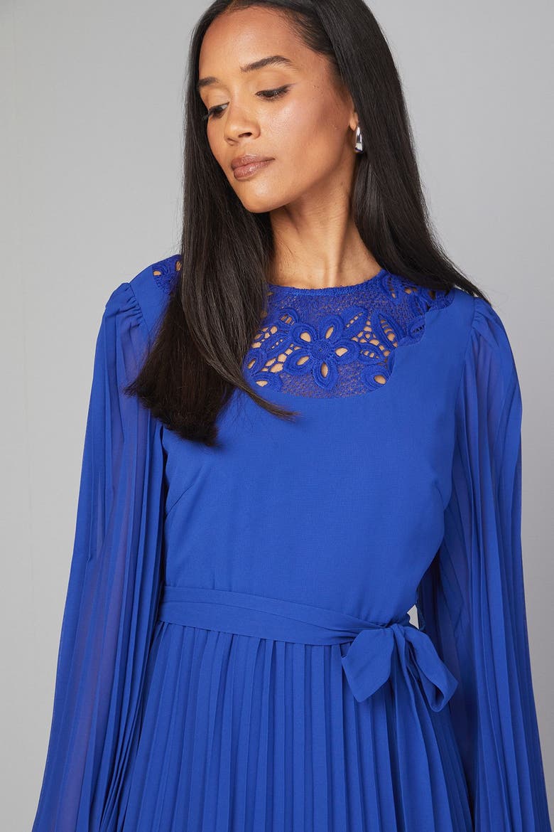 Pleated Floral Trim Midi Dress, Alternate, color, Cobalt