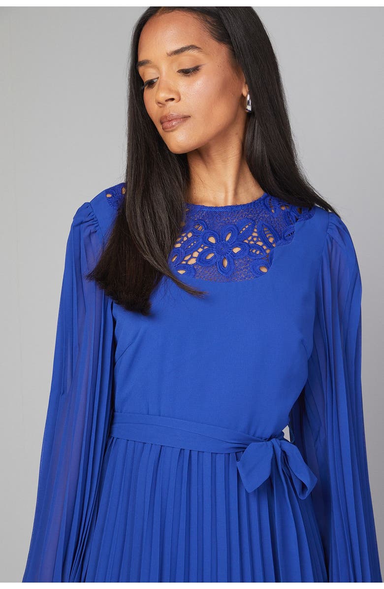 Wallis Pleated Floral Trim Midi Dress, Alternate, color, Cobalt